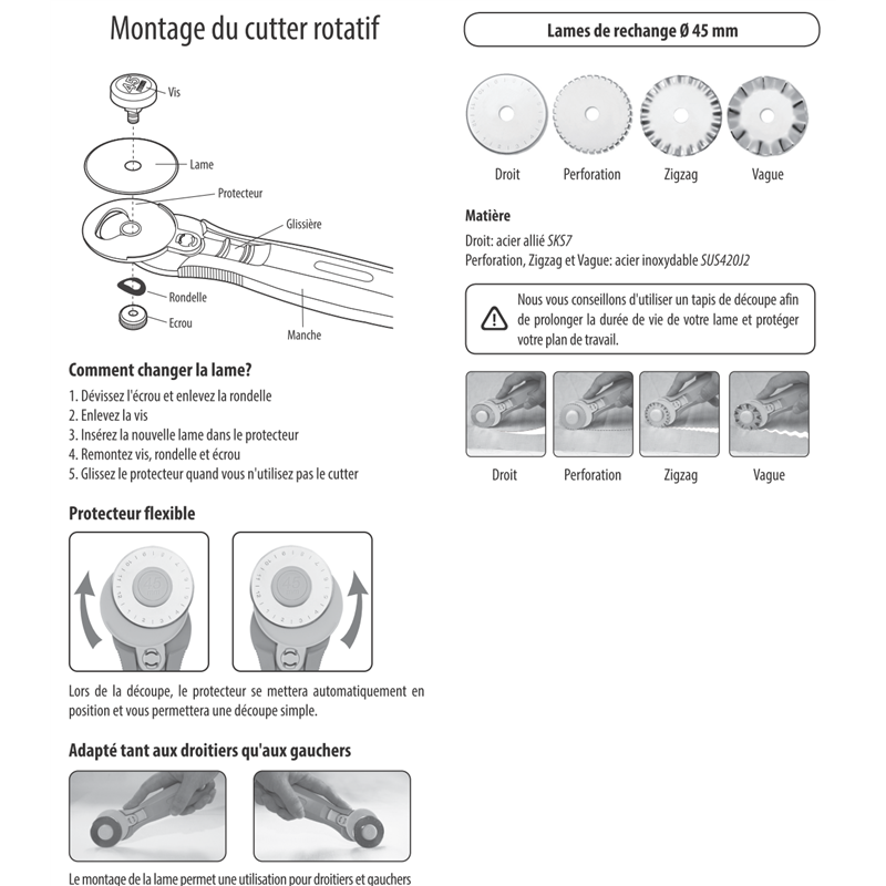 Cutter rotatif 45mm - 1 lame droite incl.